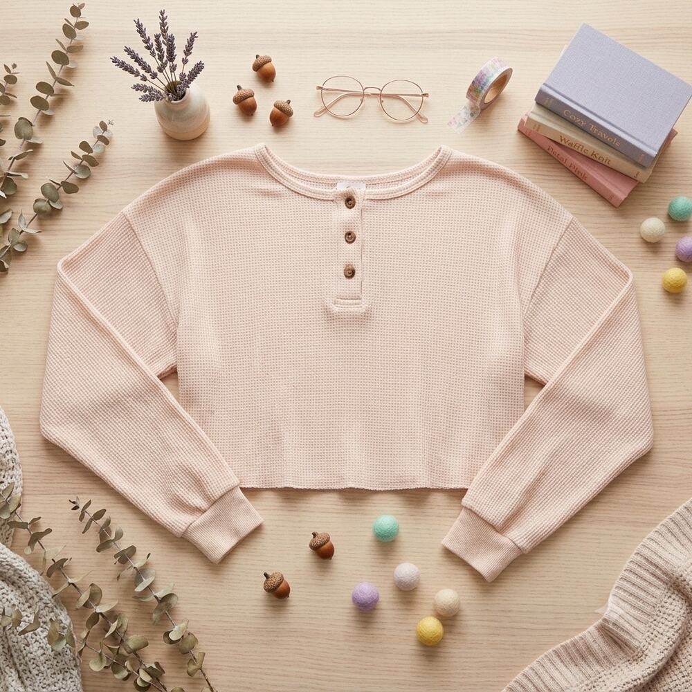 Princess Polly Women's US 8 Crop Waffle‎ Knit Henley Top Beige/Cream Long Sleeve